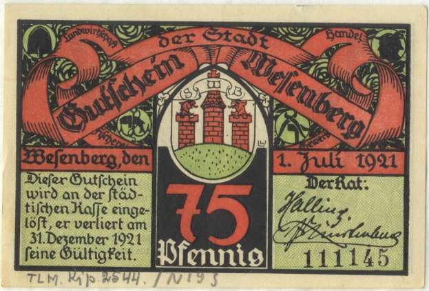 Eine alte deutsche Banknote mit einem Gebäude darauf, mit der Aufschrift 'Bundesliga' und einem Logo unten auf einem weißen Hintergrund.