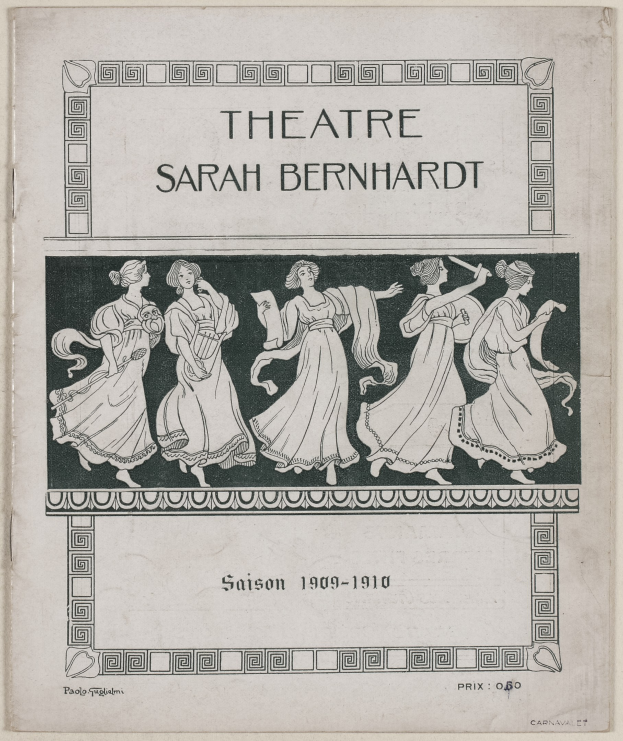 Plakat für das Theater Sarah Bernhardt von 1909–1910, das eine Gruppe von Frauen in der Mitte mit Texten zeigt, die das Theater und seine Schauspieler beschreiben.