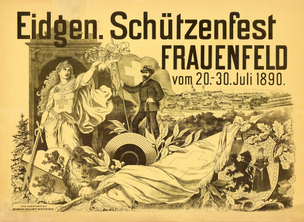 Ein Vintage-Plakat bewirbt das Eidgen Schützenfest in Frauenfeld, Deutschland, mit einem Mann im Anzug und einer Frau im Kleid nebeneinanderstehend und mit Veranstaltungstext darauf.