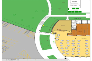 Ein detaillierter Lageplan einer neuen Schule, der Gebäude, Räume, Flure und Campusmerkmale zeigt und von Text begleitet wird, der das Layout, die Schülerkapazität, die Lage der Klassenzimmer und Annehmlichkeiten beschreibt.