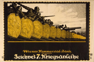Deutsches Propagandaplakat aus dem Zweiten Weltkrieg, das Soldaten in Helmen mit Waffen zeigt, mit der Aufschrift "Wiener Kommmerzial Bank" unten.