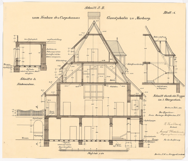 Ein detailliertes architektonisches Zeichnung eines historischen Hauses mit zahlreichen Fenstern und einem Dach, das als erstes Haus in Deutschland gilt, begleitet von Text und Strukturplänen auf altem Papier.