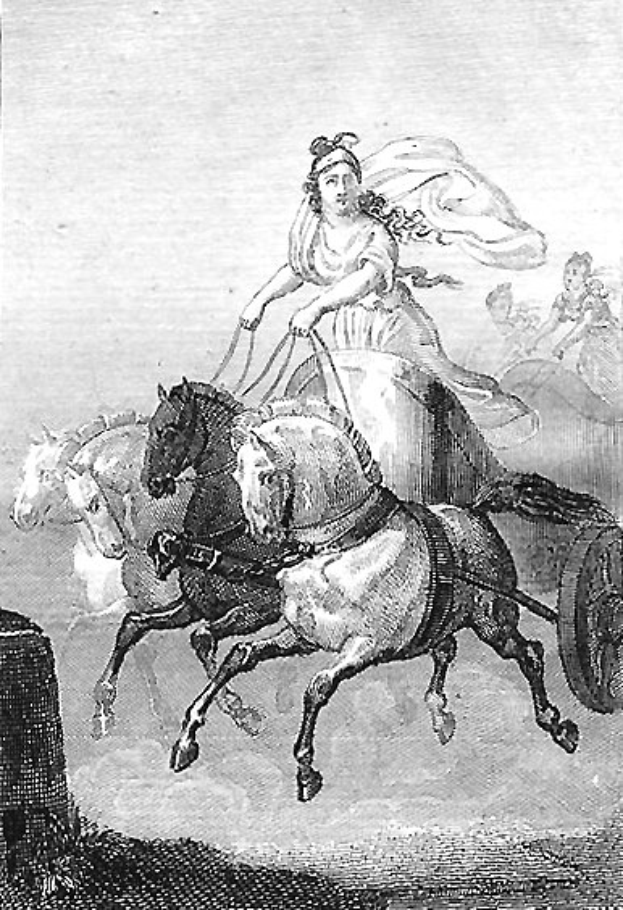 Frau auf einem horse-drawn carriage mit anderen im Hintergrund, schwarz-weiß.