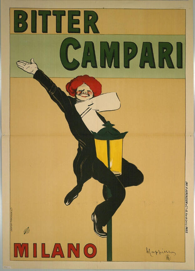 Ein Plakat an einer Wand mit einem Menschen in einem weißen Hemd und blauen Jeans mit einem frechen Gesichtsausdruck, mit der Aufschrift "Bitter Campari Milano" in fetter schwarzer Schrift auf einem hellgelben Hintergrund.