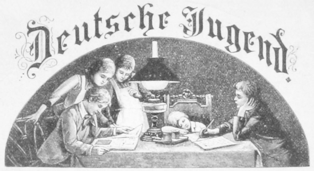 Schwarzes und weißes Plakat mit "Deutsche Jugend"-Text "ber Kindern, die um einen Tisch mit B"chern und einer Lampe sitzen.
