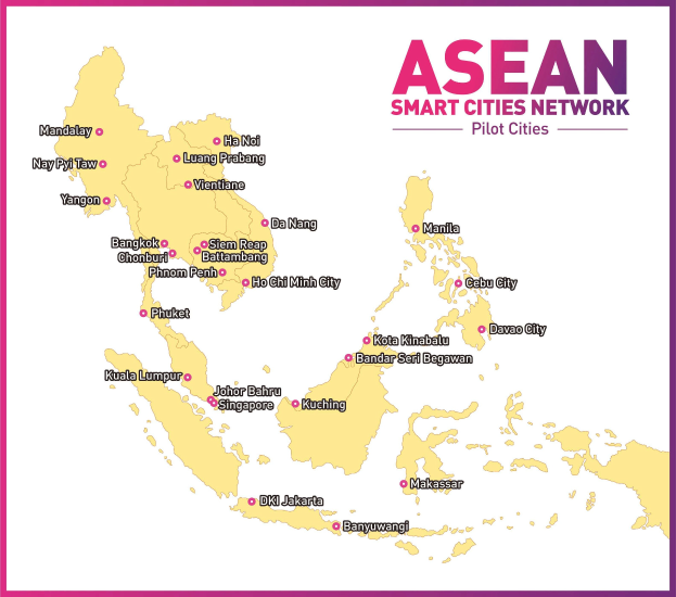 Karte des ASEAN-Netzwerks intelligenter Städte, die Pilotstädte und detaillierte Stadt- und Ortslagen hervorhebt.