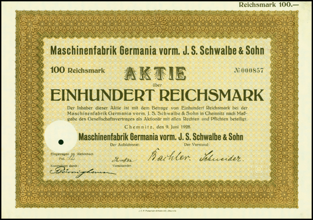 Ein altes deutsches Aktienzertifikat mit goldenem Rand und schwarzer Schrift, gerahmt mit einem schwarzen Rand.