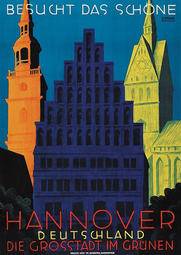 Plakat, das Hannover, Deutschland, mit einigen Gebäuden und Bäumen und Texten zeigt, die Informationen über die Stadt enthalten.