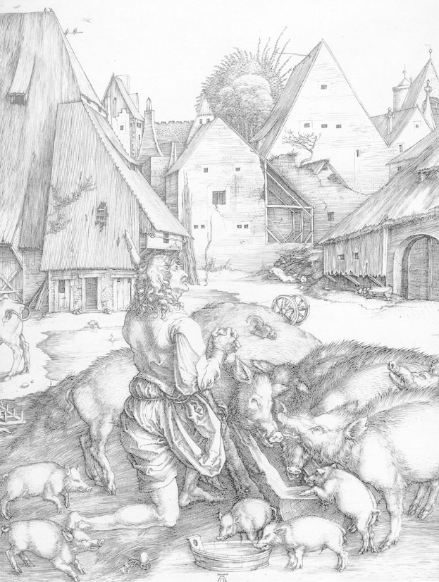 Ein 17. Jahrhundertes Schwarz-Weiß-Stich von Albrecht Dürer, der einen Mann zeigt, der Schweine in einem Dorf füttert, mit Häusern, Bäumen und einem Wagen im Hintergrund.