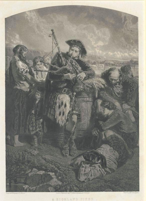 Schwarz-weißes Gravurbild eines Mannes, der eine Dudelsackpfeife vor einer Gruppe von Menschen unter einem bewölkten Himmel spielt, mit dem Text "Ein Highland-Pfeifer" unten.