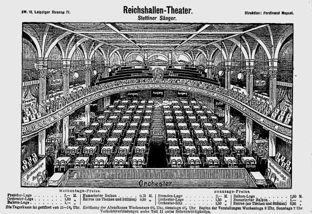 Ein Schwarz-Weiß-Zeichnung des Reichshallen Theaters in Berlin, Deutschland, zeigt das Auditorium mit Sitzreihen, Säulen und einer Decke, mit Text unten.