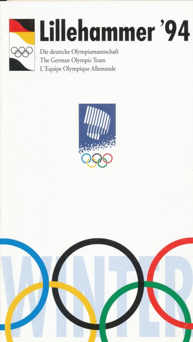 Plakat für die Olympischen Winterspiele 1994 in Lillehammer, das Logo und den Text "Lillehammer 94 - Das Deutsche Olympische Team" in einem lebhaften Blau und Gelb zeigt, mit einer fetten schwarzen Schrift und einem weißen Rand.