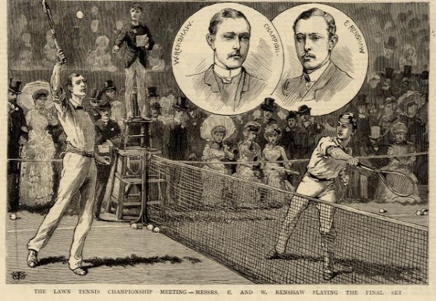 Eine Schwarz-Weiß-Zeichnung von zwei Männern, die auf einem Court mit Netz Tennis spielen, und Zuschauern im Hintergrund, mit Text unten, der "The Lawn Tennis Championship Meeting - Messers, E und W Renshaw Playing the Final Set" lautet.