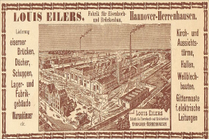 Eine alte Werbung für die Louis Eilers Hannover-Herrenhausen-Fabrik, die das Fabrikgebäude mit Textüberlagerung zeigt.