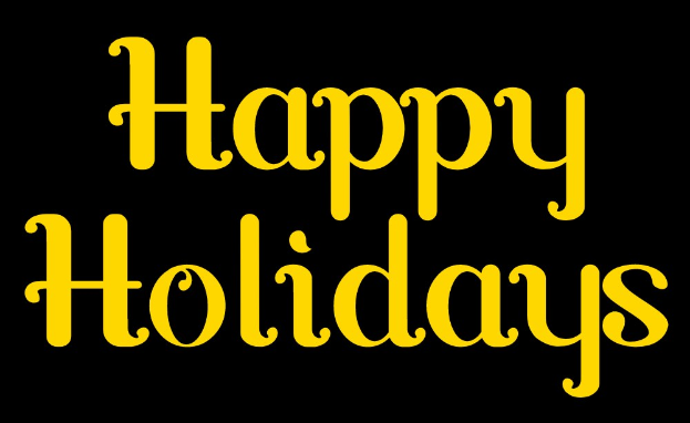 Weißer Hintergrund mit gelbem "Fröhliche Feiertage"-Text, der eine fröhliche und festliche Stimmung schafft.