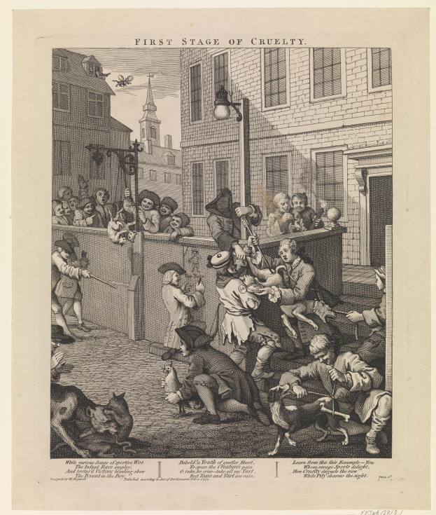 Eine Gruppe von Menschen und Tieren versammelt sich vor einem Gebäude mit Fenstern und einer Laterne, mit einem Himmel im Hintergrund; Text unten lautet "Erste Stufe der Grausamkeit."