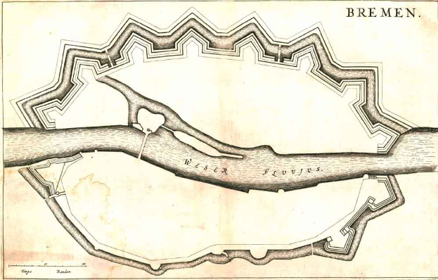 Ein detailliertes Plakat mit einer Karte von Bremen, Deutschland, mit Straßen, Gebäuden und Sehenswürdigkeiten, begleitet von Text.