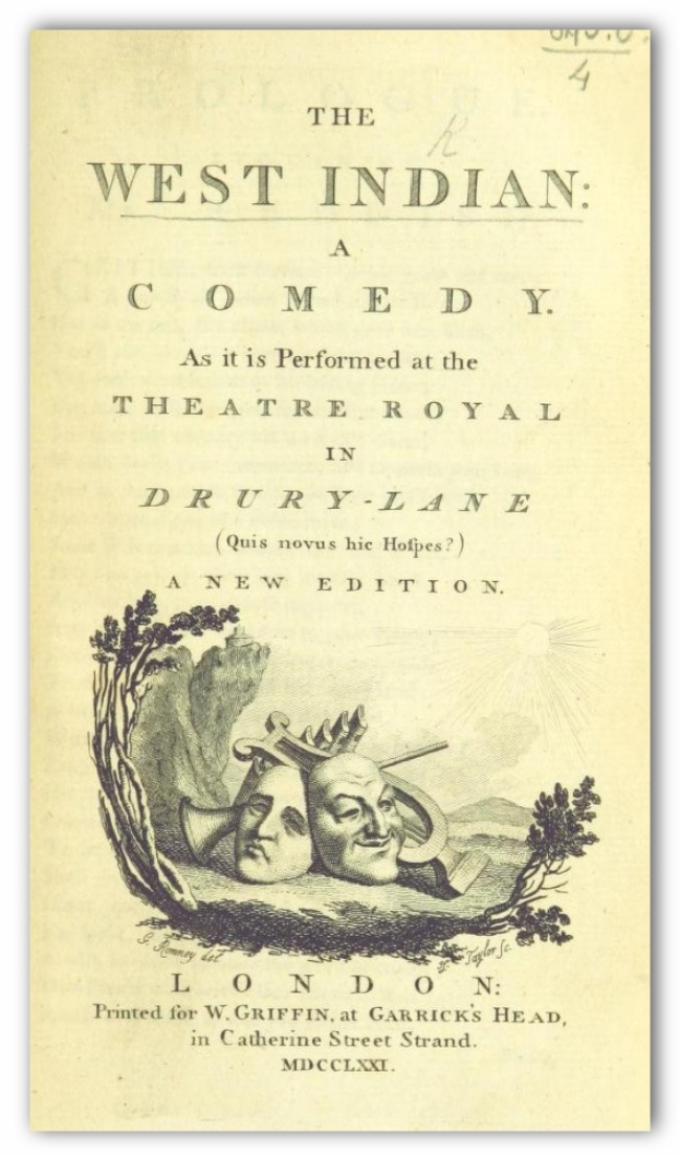 Ein Plakat f├╝r 'The West Indian Comedy' im Theatre Royal in Drury Lane, das ein Schwarz-Wei├č-Bild eines Mannes mit Zylinder und einer Frau in einem langen Kleid zeigt, die beide l├Ącheln und in die Kamera blicken, mit dem Titel in fetter, wei├čer Schrift.