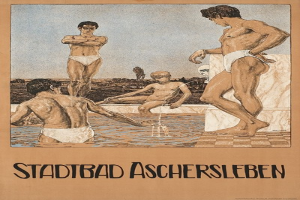 Plakat, das ein Schwimmbad in Aschersleben, Deutschland, zeigt, auf dem Menschen im Wasser zu sehen sind, darunter einer sitzend, begleitet von Text.