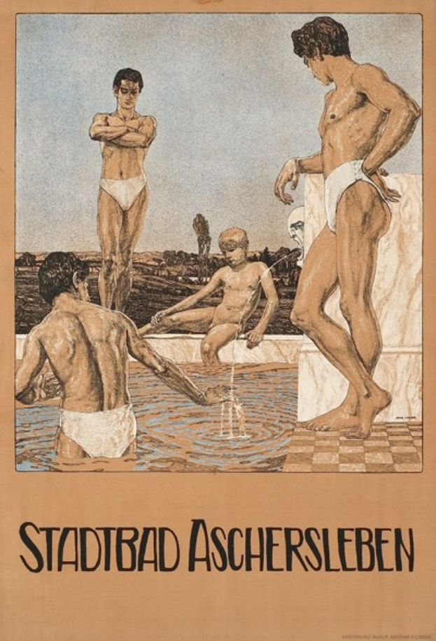 Plakat, das ein Schwimmbad in Aschersleben, Deutschland, zeigt, auf dem Menschen im Wasser zu sehen sind, darunter einer sitzend, begleitet von Text.