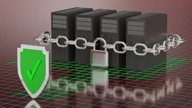 Ein animierter grüner Schild mit einem Häkchen und einer Kette darum, umgeben von drei CPUs, symbolisiert ein sicheres Netzwerk.