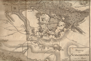 Ein detaillierter alter Stadtplan von Schweidnitz, Deutschland, der Straßen, Gebäude, Sehenswürdigkeiten und Text mit Informationen über die Bevölkerung, Geschichte und Kultur der Stadt zeigt.