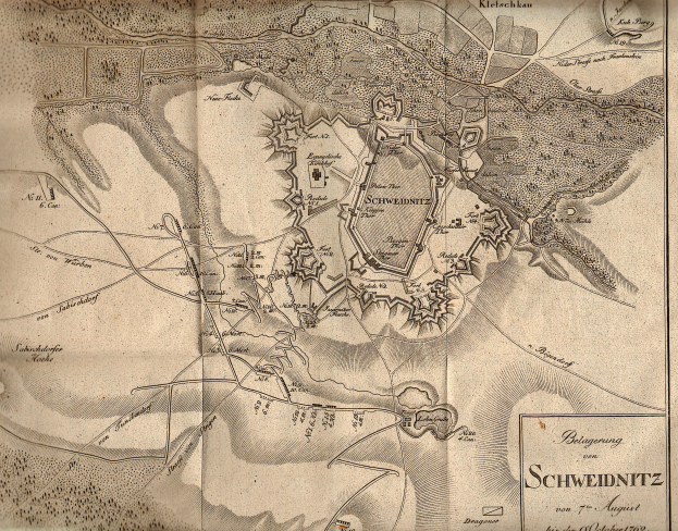 Ein detaillierter alter Stadtplan von Schweidnitz, Deutschland, der Straßen, Gebäude, Sehenswürdigkeiten und Text mit Informationen über die Bevölkerung, Geschichte und Kultur der Stadt zeigt.