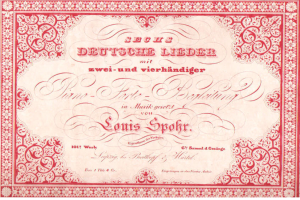 Ein altes deutsches Wertpapier mit rotem Rand und weißem Hintergrund, das den Text 'Louis Spohr - Zweites Deutsches Lieder' trägt.