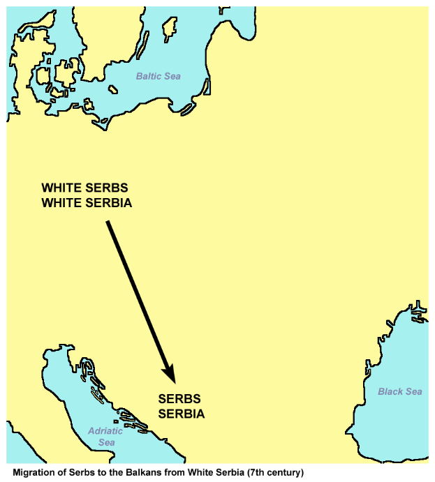 Eine detaillierte Karte von Serbien und den Balkan mit dem Text "Migration der Serben zu den Balkan von Weißserbien" deutlich oben angezeigt.
