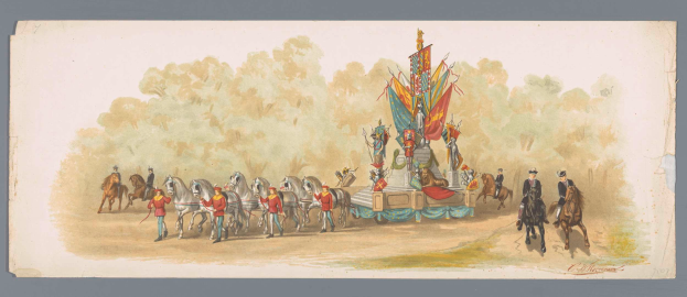 Ein Bild eines Karnevalsumzugs mit Menschen in bunten Kostümen, die Pferde vor einem geschmückten Schwimmwagen reiten, vor einem dekorierten Schwimmwagen mit Bäumen und einem klaren blauen Himmel im Hintergrund.