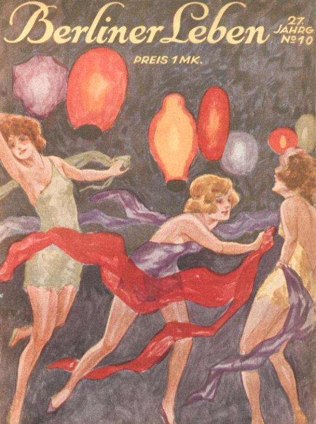 Ein Magazin-Cover mit einem Bild von drei Frauen in bunten Kleidern, die mit ausgestreckten Armen tanzen, umgeben von farbigen Ballons, mit dem Text 'Berliner Leben' wahrscheinlich den Titel des Magazins anzeigend.