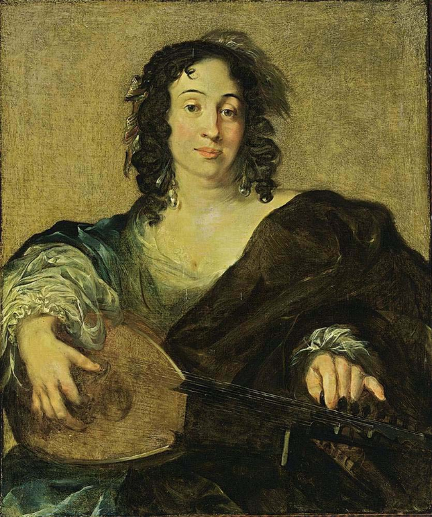 Ein Gemälde von Rembrandt van Rijn, das eine Frau in einem weißen Kleid und einer blauen Schärpe zeigt, die eine Laute spielt, mit geschlossenen Augen, in einem schwarzen Rahmen.