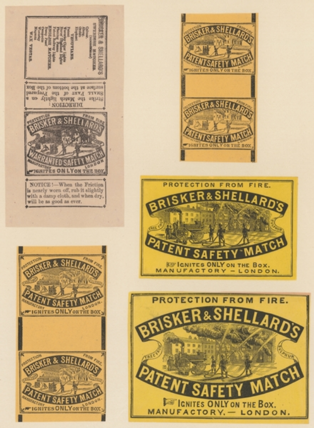 Ein Blatt Papier mit mehreren daran befestigten Blättern, auf denen jeweils der Text "Brisker & Shellard's Patent Safety Match" steht.