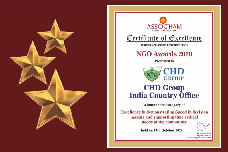 Auszeichnung für exzellenz für die NGO Awards 2020 an CHD Group India Country Office verliehen, mit einem Schild-Logo mit einem zentralen Stern und einem Lorbeerkranz.