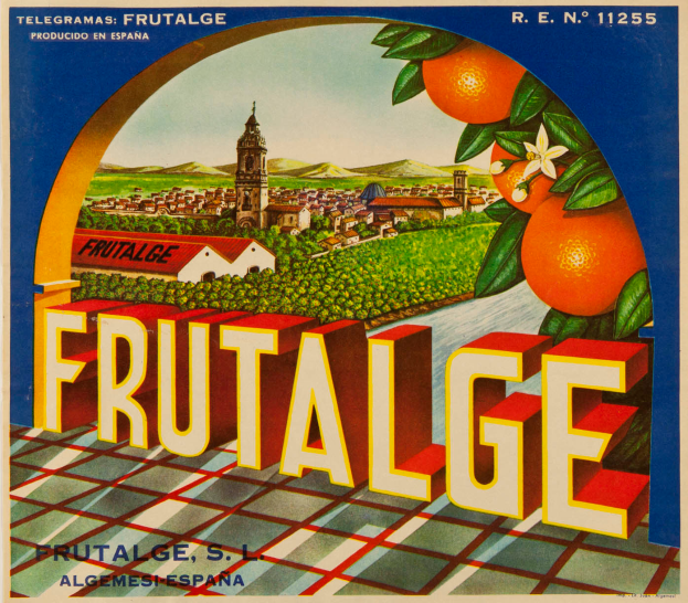 Ein Vintage-Poster mit einem Bild von leuchtend orangen Früchten, umgeben von Text, Gebäuden, Bäumen, Hügeln und einem Himmel.