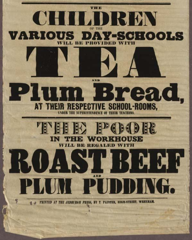 Ein Blatt mit Text, auf dem steht, dass Kinder aus verschiedenen Tagesschulen Tee, Pflaumenbrot, Rindfleisch und Pflaumenpudding erhalten werden.