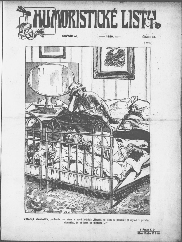 Schwarze und weiße Illustration einer Person, die auf einem Bett liegt, mit einem Spiegel auf dem Nachttisch und einem Rahmen an der Wand, begleitet von Text, der "humoristische liste - tschechoslowakei - 20. april 1920" oben und unten zeigt.