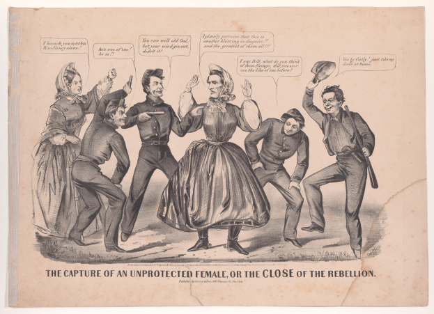 Eine historische Illustration mit dem Titel "Die Gefangennahme einer ungeschützten Frau oder das Ende der Rebellion", die ängstliche Menschen am Boden zeigt, einige schauen nach oben in Furcht und andere nach unten in Verzweiflung.