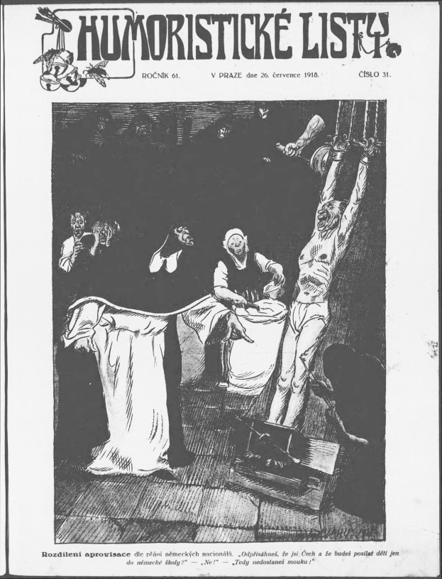 Ein schwarz-weißes Plakat mit der Aufschrift 'Humoristické Listy, Vol 1, No 1, Oktober 1918' und einigen Personen.