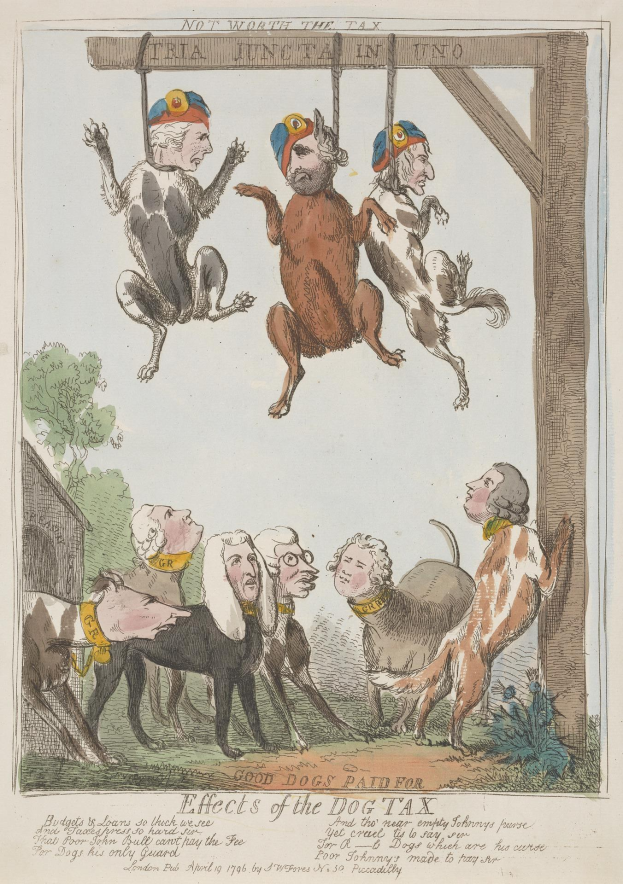 Ein Blatt Papier mit einer Zeichnung von Menschen und Tieren, darunter ein Hund, der an einem Holzpfahl hängt, und etwas Text, der die Auswirkungen einer Hundesteuer beschreibt.