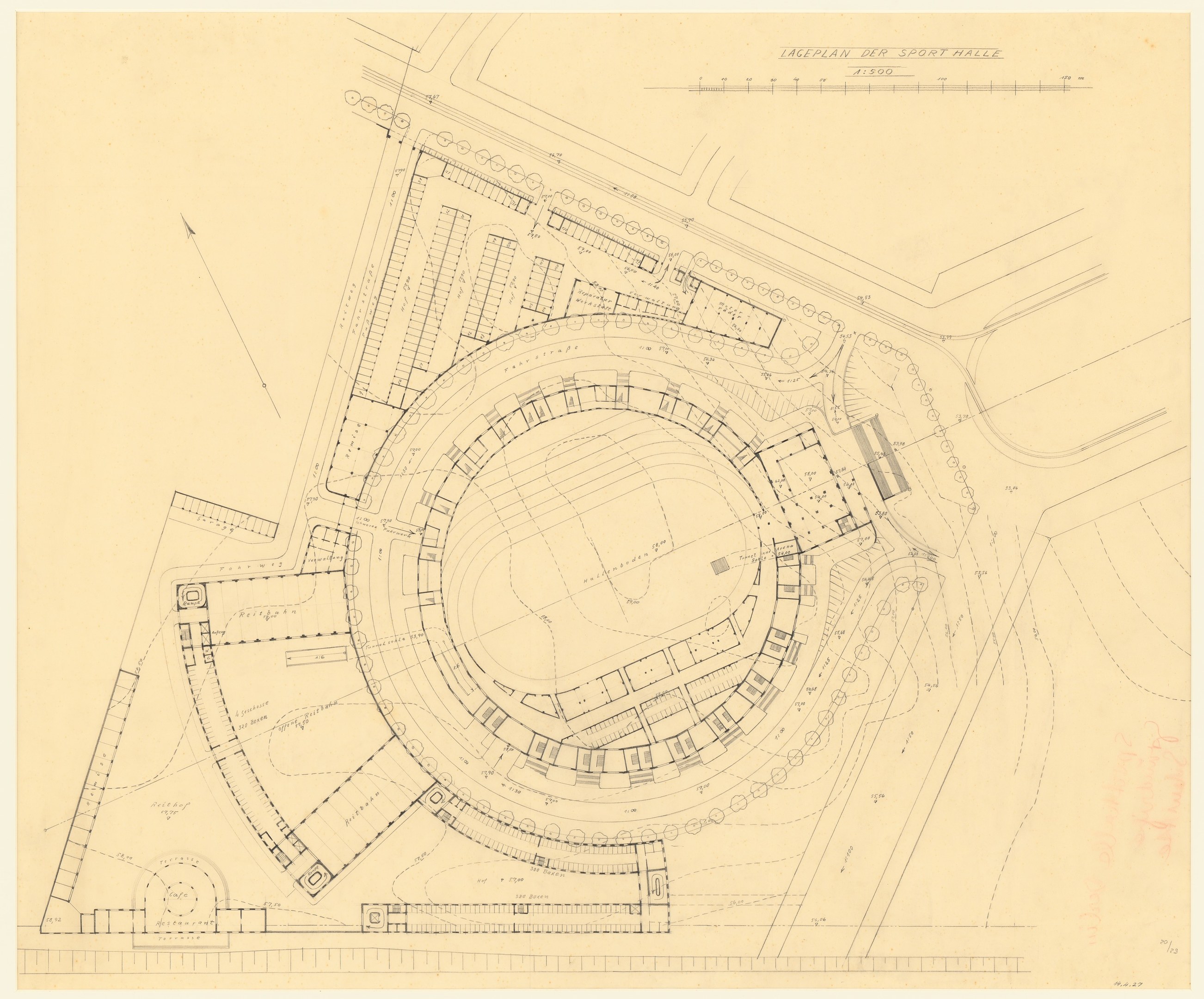 Schwarz-weißer Architekturplan eines Stadions mit umliegenden Gebäuden, beschriftet als der geplante Sportsaal in London.