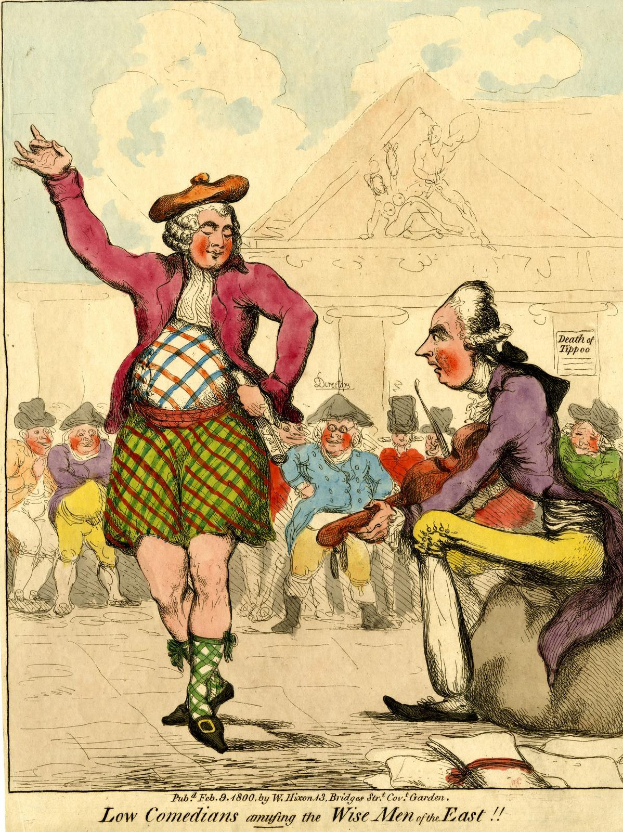 Cartoon eines Mannes in einem Kilt und einer Frau in einem Kleid, die vor einer Menge stehen, mit einem Gebäude und Wolken im Hintergrund und dem Text "Niedrige Komiker amüsieren die weisen Männer des Ostens" unten.