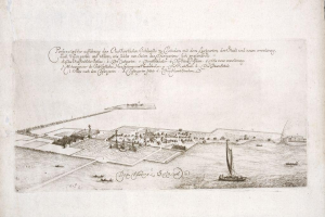 Schwarz-weiß-Illustration eines alten Buches mit einer detaillierten Karte von Köln, Deutschland, umgeben von kleinen Booten auf dem Wasser, betitelt mit "Plan der Stadt Köln, Deutschland".