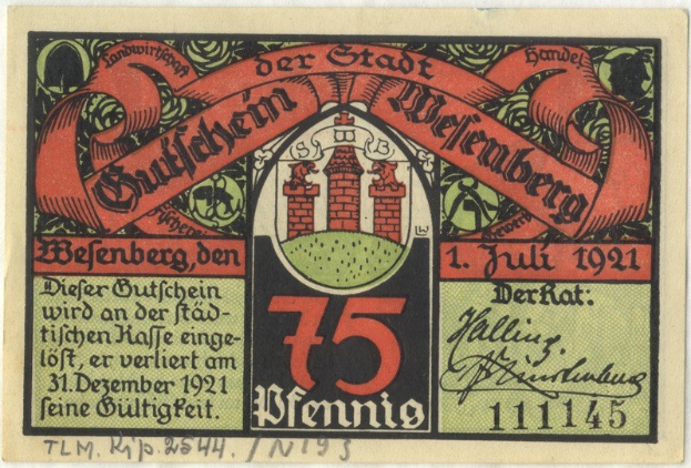 Alte deutsche Banknote mit einem Gebäudeabbild, Text 'Bundesliga' und Logo unten auf weißem Hintergrund.