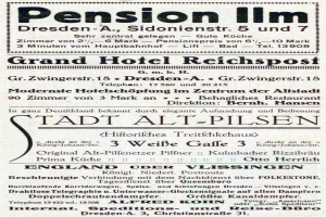 Eine alte Zeitungsanzeige f├╝r das Pensionshotel in Dresden, Deutschland, mit schwarzem Text auf wei├čem Hintergrund.