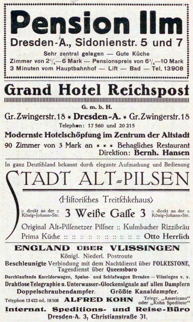 Eine alte Zeitungsanzeige f├╝r das Pensionshotel in Dresden, Deutschland, mit schwarzem Text auf wei├čem Hintergrund.