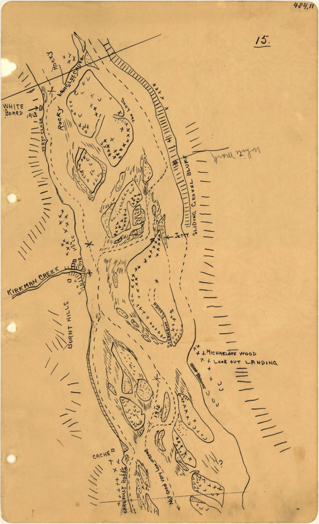 Detailierte alte Stadtkarte auf altem Papier mit handgeschriebenem Text, der Straßen, Gebäude und Sehenswürdigkeiten kennzeichnet.