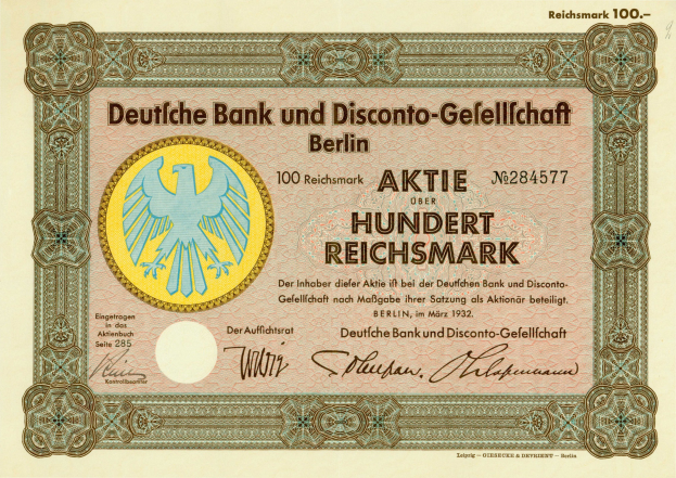 Alte deutsche Banknote mit einem Vogel-Design und der Aufschrift "Deutsche Bank und Disconto-Gesellichaft Berlin".