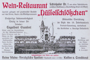 Eine vintage-Restaurantwerbung mit einem zentralen Gebäudebild, umgeben von Text.