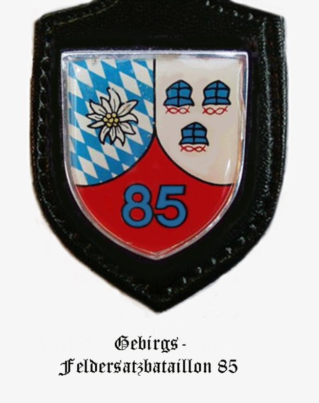 Logo des FC Bayern München mit der Zahl 85 und deutscher Text unten.